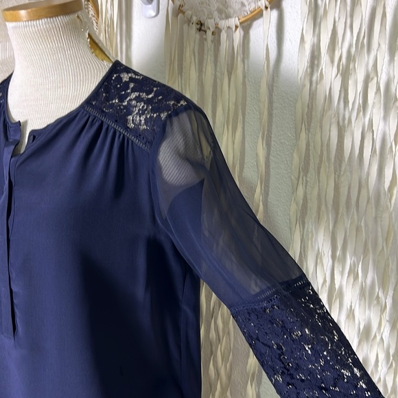 Rebecca Taylor Sara Lace Panel Silk Long Sleeve Blouse Ties at Cuff size 2 Navy - Picture 7 of 12